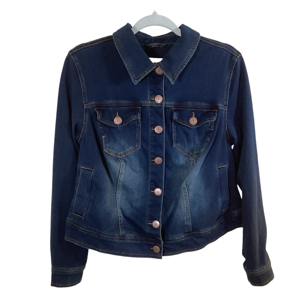 Molly & Isadora Women’s Button Up Denim Distressed Jean Jacket.  Size 0X